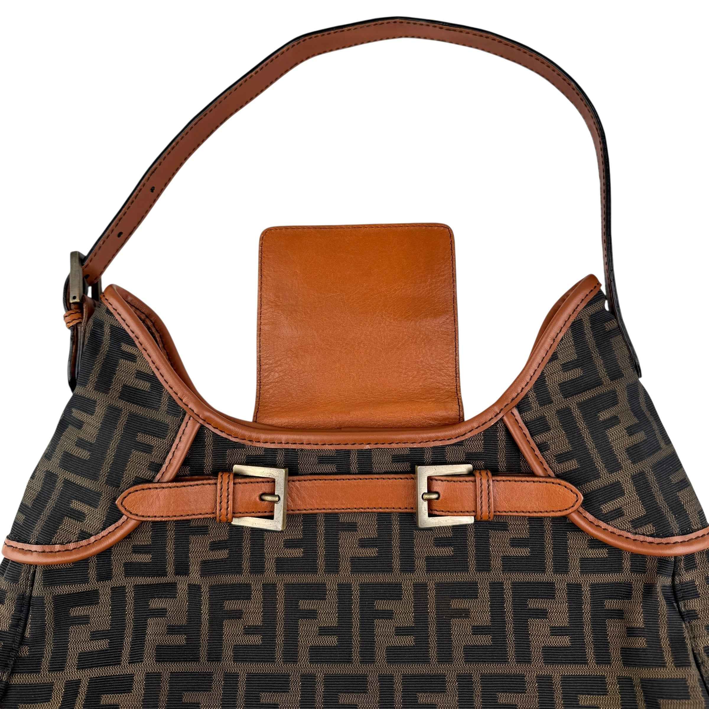 Fendi Tobacco Zucca Canvas Double Buckle Hobo Bag