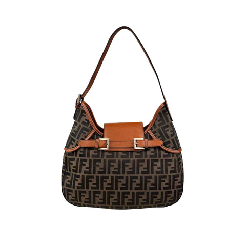 Fendi Tobacco Zucca Canvas Double Buckle Hobo Bag