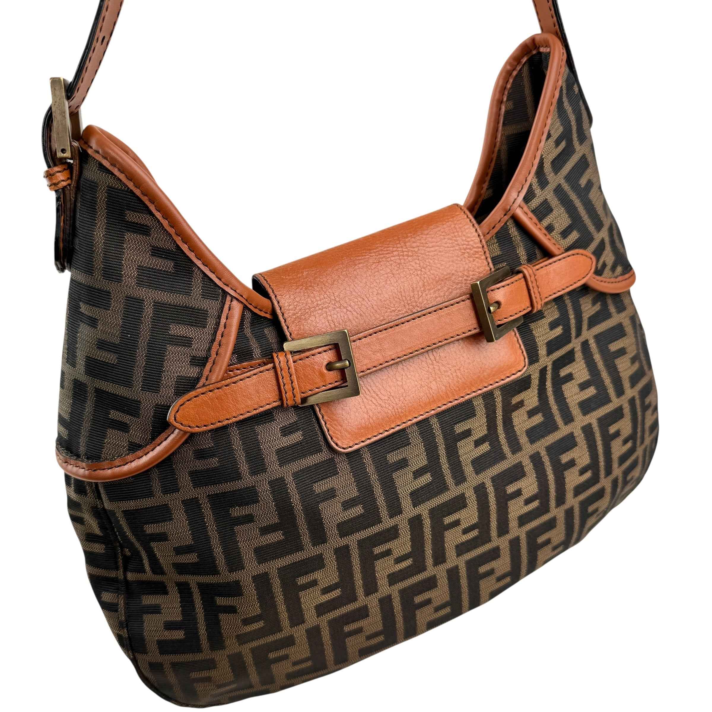 Fendi Tobacco Zucca Canvas Double Buckle Hobo Bag