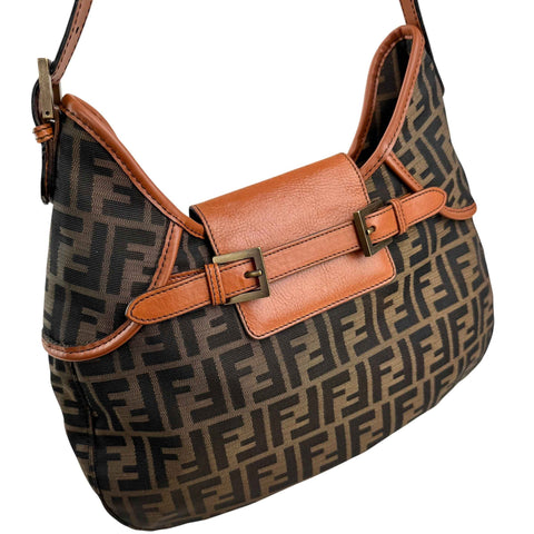 Fendi Tobacco Zucca Canvas Double Buckle Hobo Bag