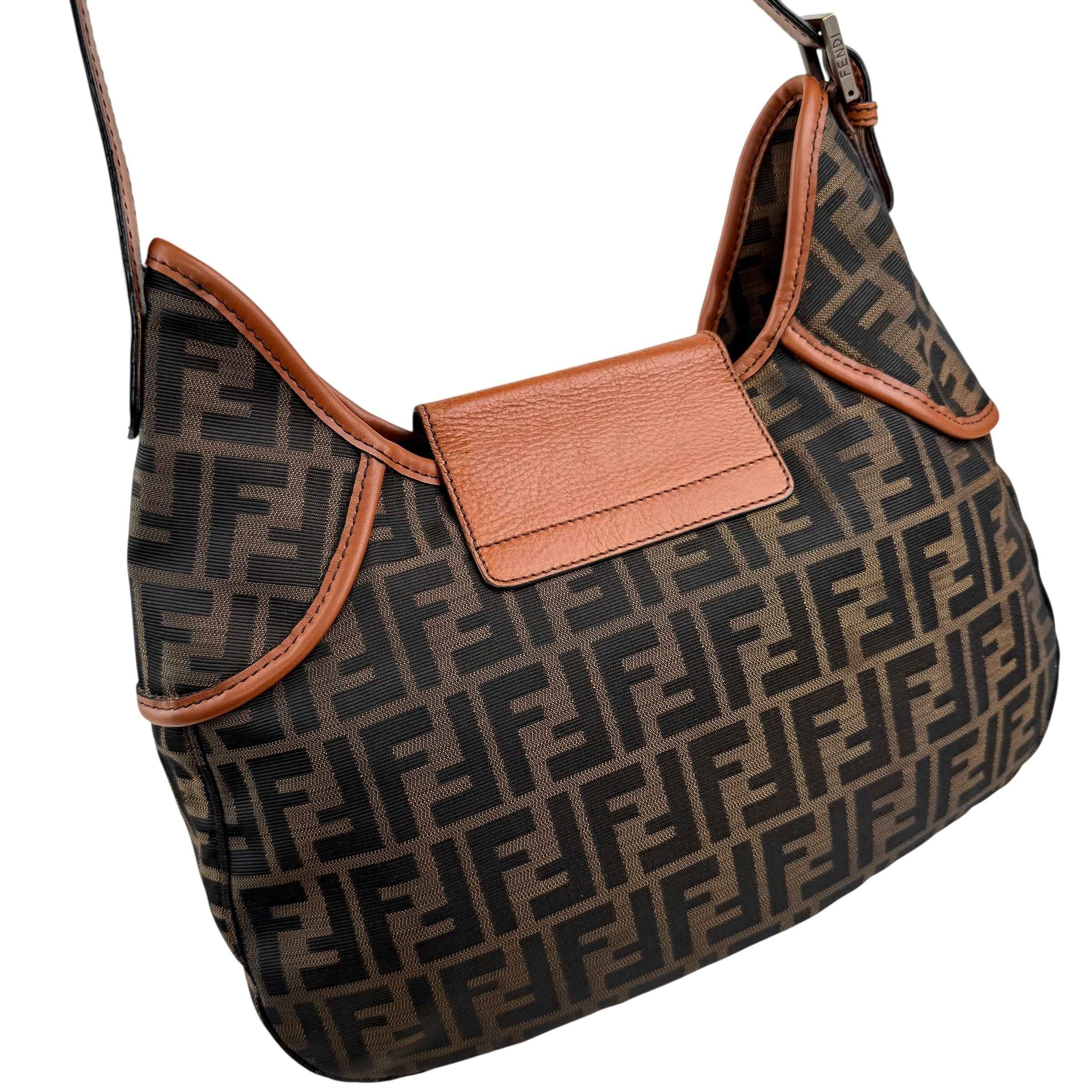 Fendi Tobacco Zucca Canvas Double Buckle Hobo Bag