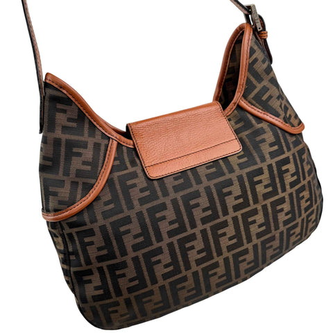 Fendi Tobacco Zucca Canvas Double Buckle Hobo Bag