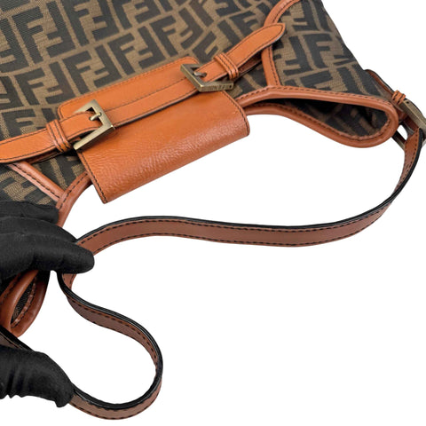 Fendi Tobacco Zucca Canvas Double Buckle Hobo Bag