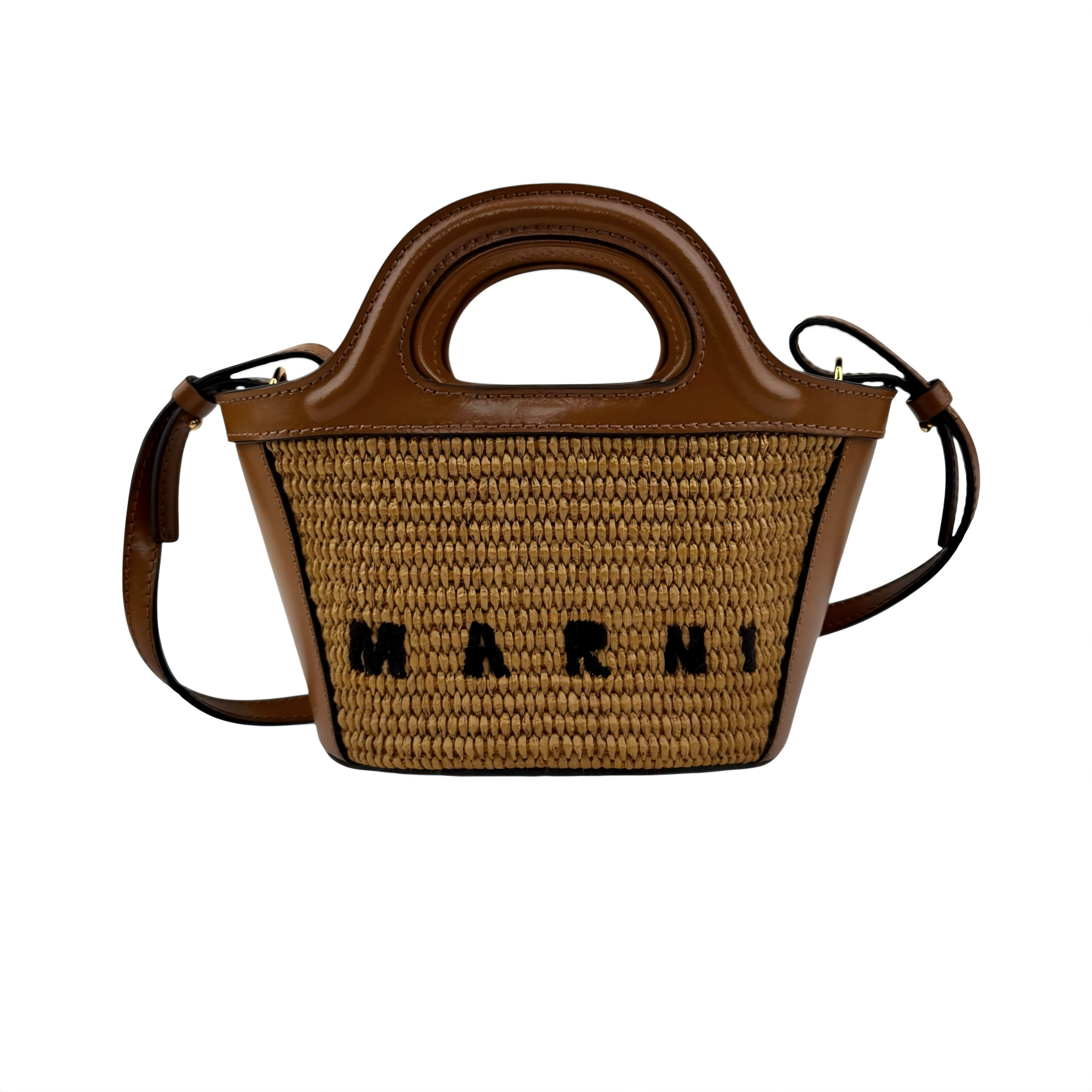 Marni Tropicalia Small Bucket Bag in brown leather and raffia-effect fabric