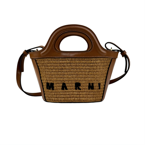Marni Tropicalia Small Bucket Bag in brown leather and raffia-effect fabric