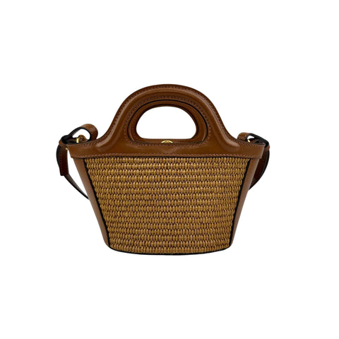 Marni Tropicalia Small Bucket Bag in brown leather and raffia-effect fabric