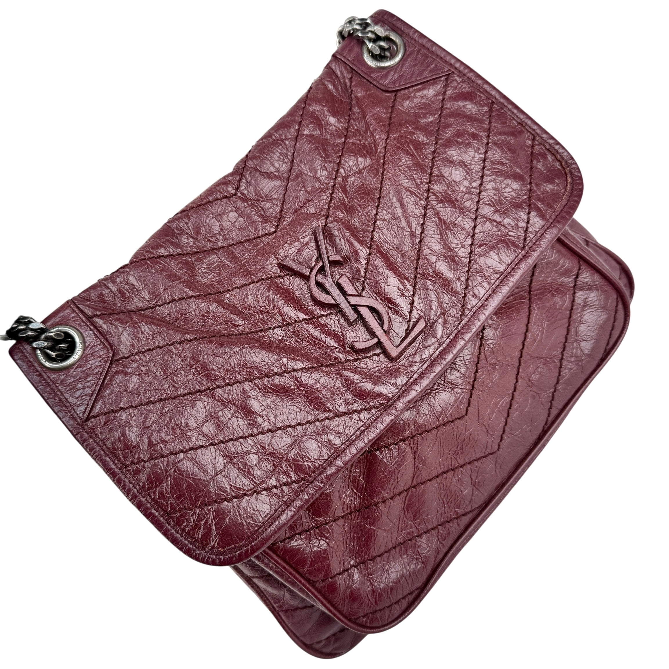 Pre-owned Saint Laurent Burgundy Crinkled Calfskin Leather Medium Niki bag