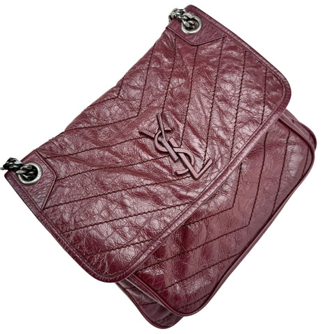 Pre-owned Saint Laurent Burgundy Crinkled Calfskin Leather Medium Niki bag