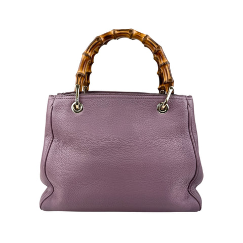 Pre-owned Gucci Purple Pebbled Leather Bamboo Top Handle Mini Shopper Tote Bag tote bag back view