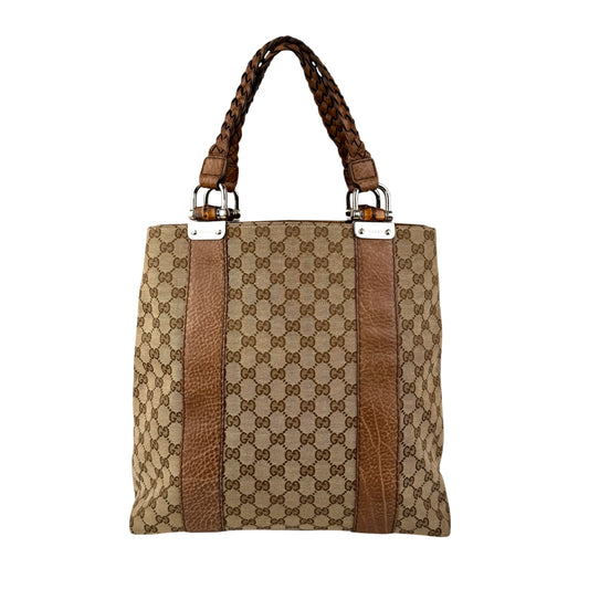 Pre-owned Gucci Brown GG ssima Leather Bamboo Bar Tote Bag tote bag back view