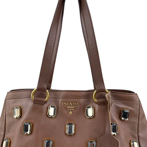 Pre-owned Prada Cammella Sfumato Cervo Leather Jeweled Shopping Tote tote bag