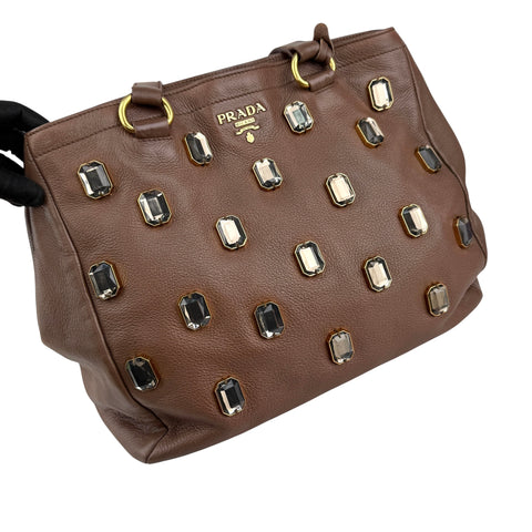 Pre-owned Prada Cammella Sfumato Cervo Leather Jeweled Shopping Tote tote bag