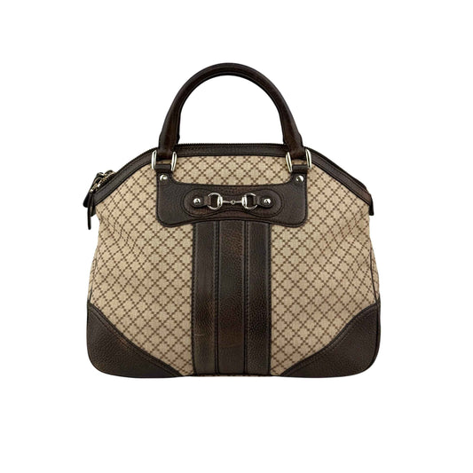 Gucci Beige/Brown Diamante Canvas And Leather Large Horsebit Catherine Satchel