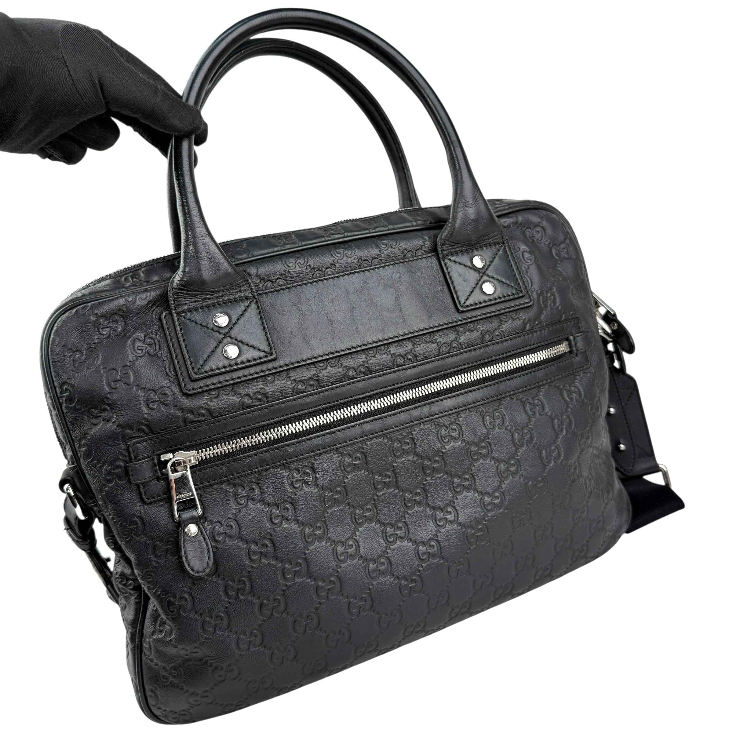 Gucci Black Guccissima Embossed Leather Briefcase Bag