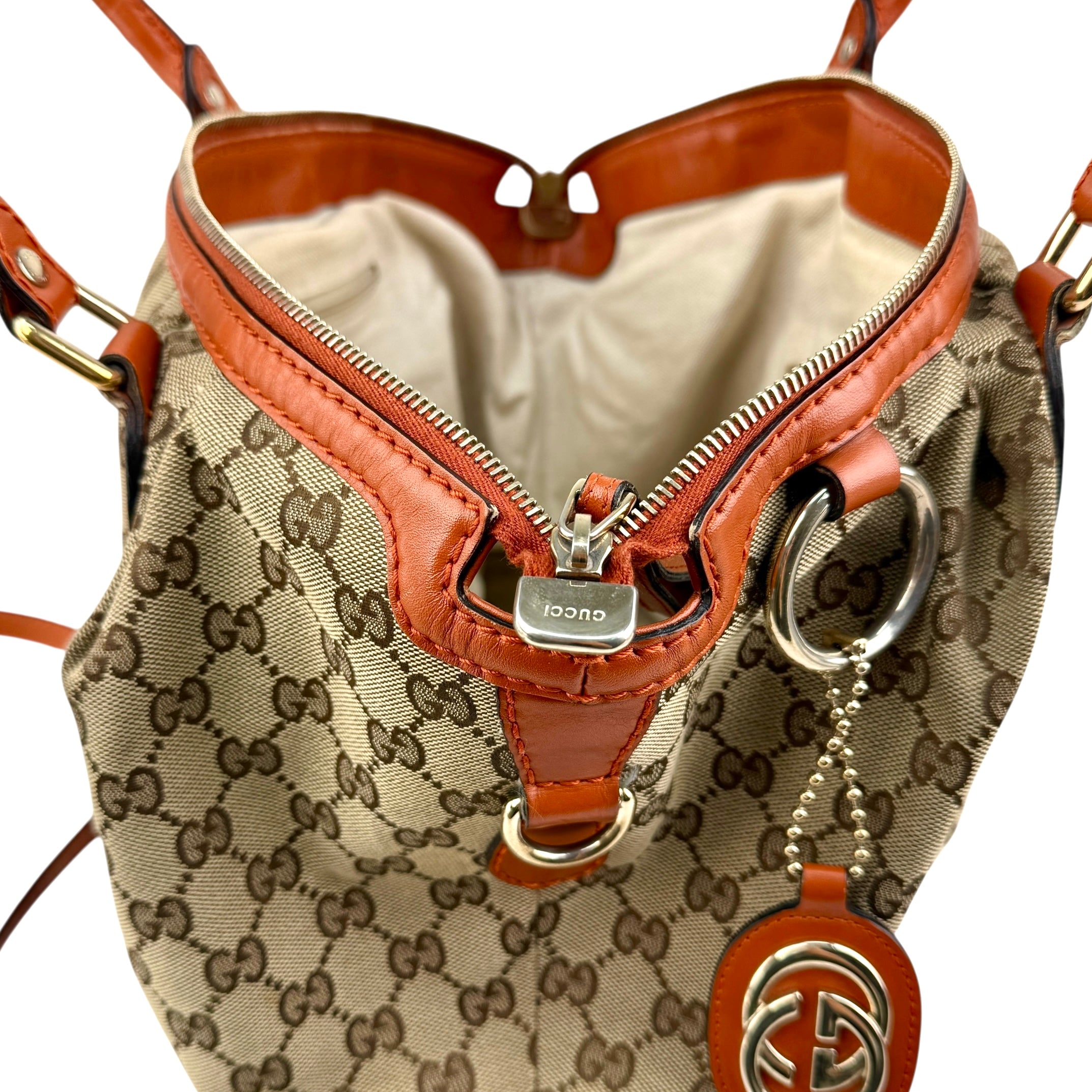 Pre-owned Gucci Beige Monogram Orange Leather Sukey Medium Tote Bag Cloth