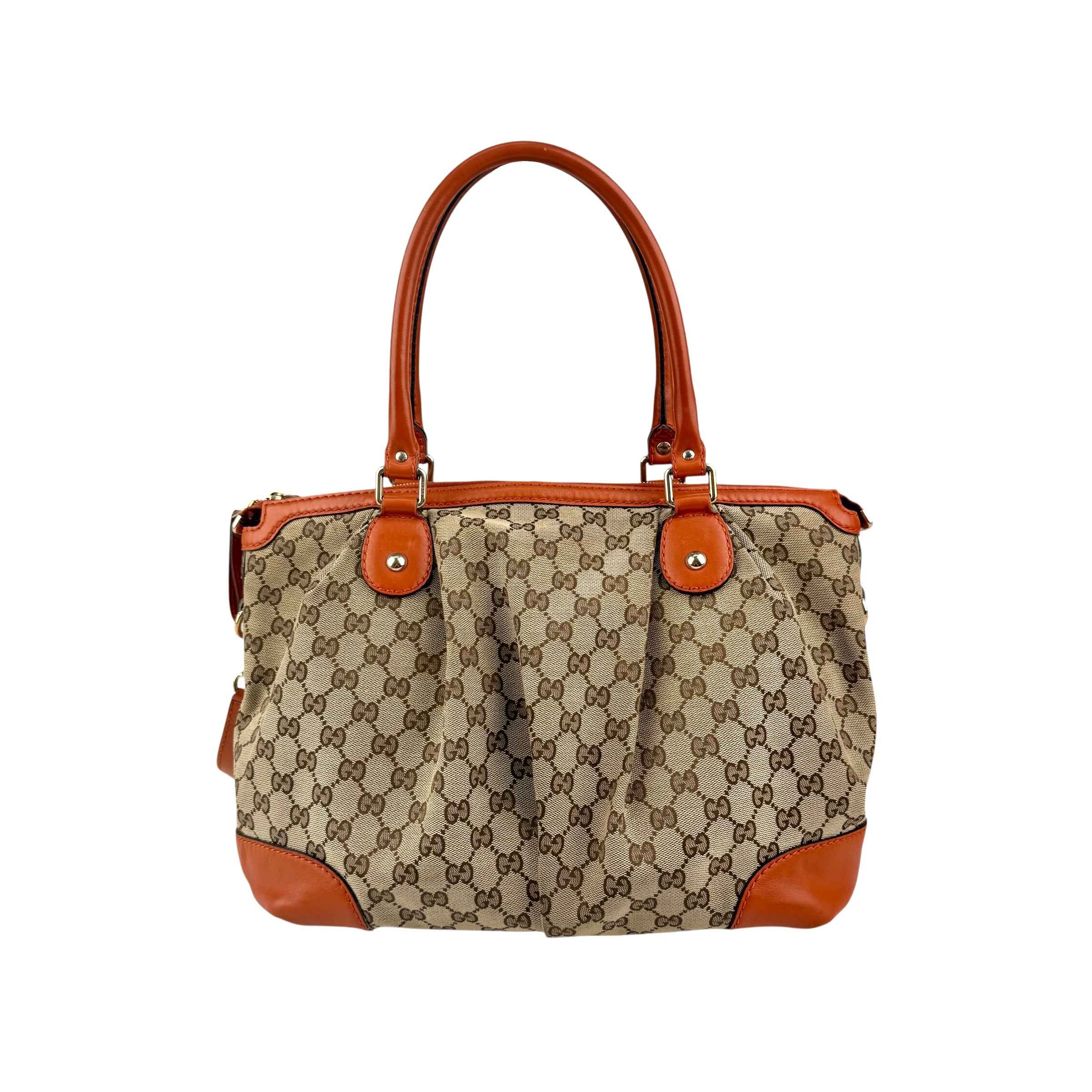 Gucci Beige Monogram Orange Leather Sukey Medium Tote Bag Cloth