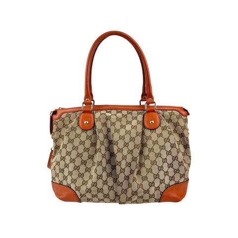 Gucci Beige Monogram Orange Leather Sukey Medium Tote Bag Cloth