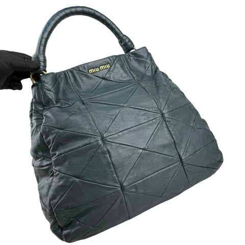 Miu Miu Dark Green Leather Quilted Top Handle Bag