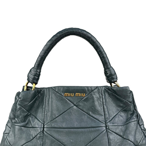 Miu Miu Dark Green Leather Quilted Top Handle Bag