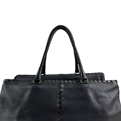 Bottega Veneta Black Intrecciato Trim Leather Tote