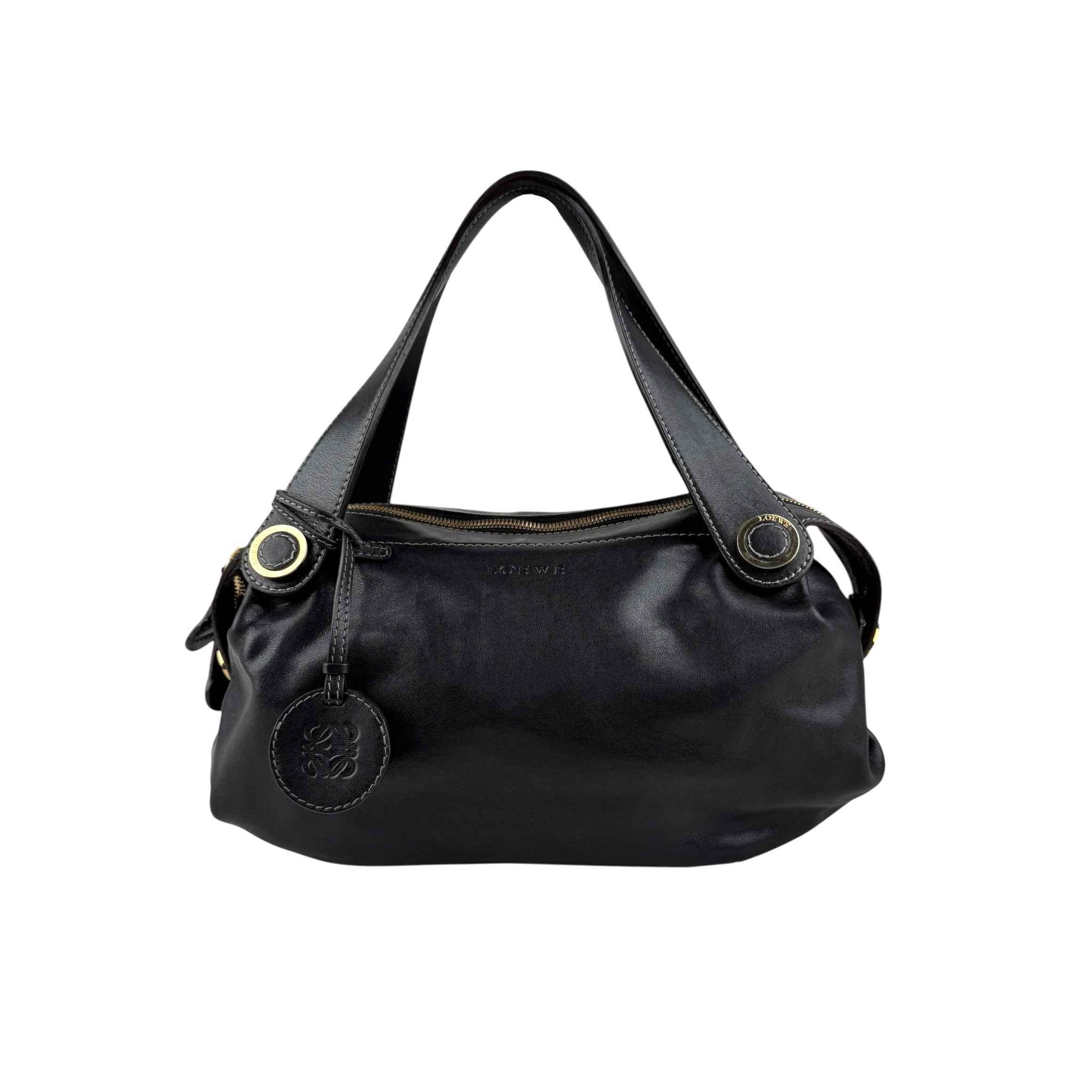 Loewe Semi-shoulder Bag Double handle Black Leather Embossed logo Gold hardware
