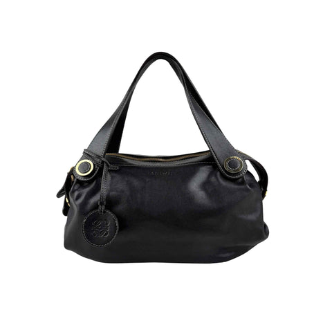 Loewe Semi-shoulder Bag Double handle Black Leather Embossed logo Gold hardware