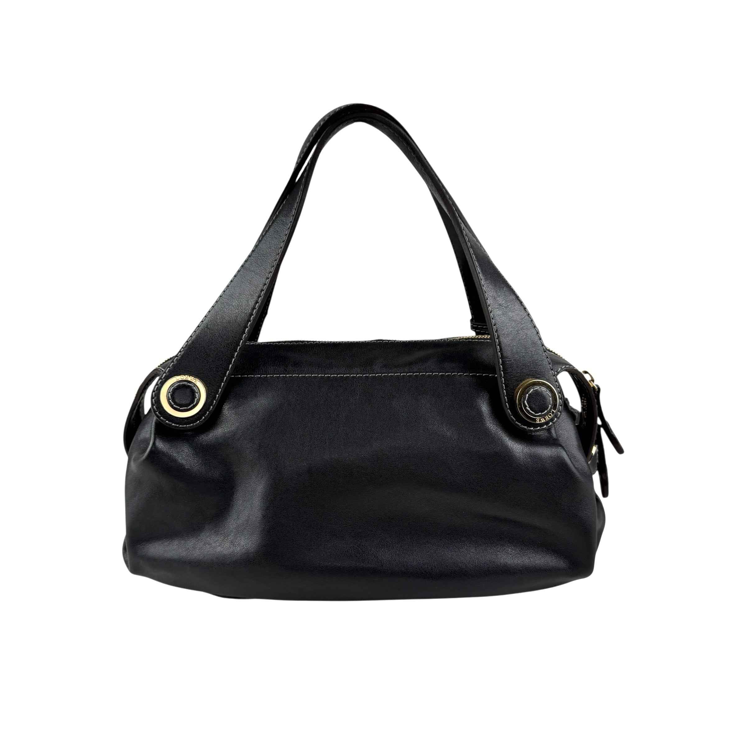 Loewe Semi-shoulder Bag Double handle Black Leather Embossed logo Gold hardware