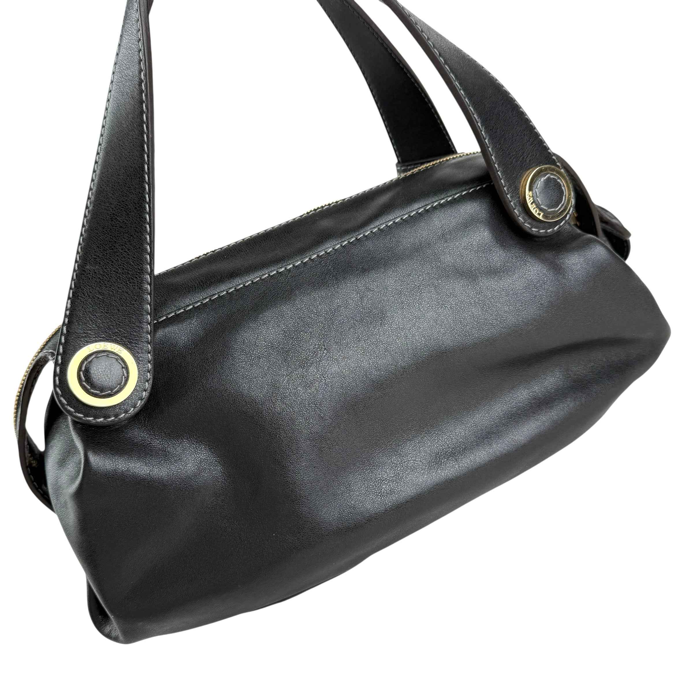 Loewe Semi-shoulder Bag Double handle Black Leather Embossed logo Gold hardware