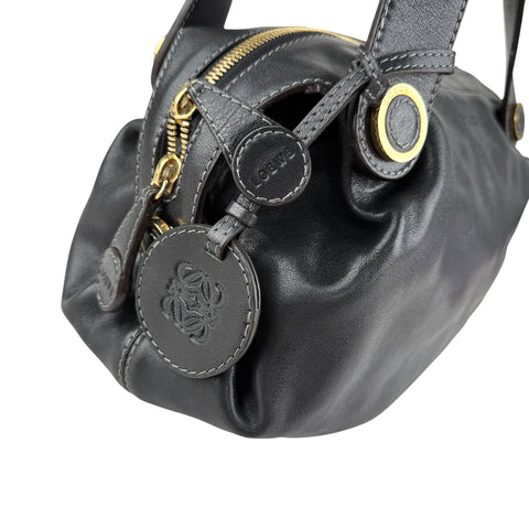 Pre-owned Loewe Semi-shoulder Bag Double handle Black Leather Embossed logo Gold hardware