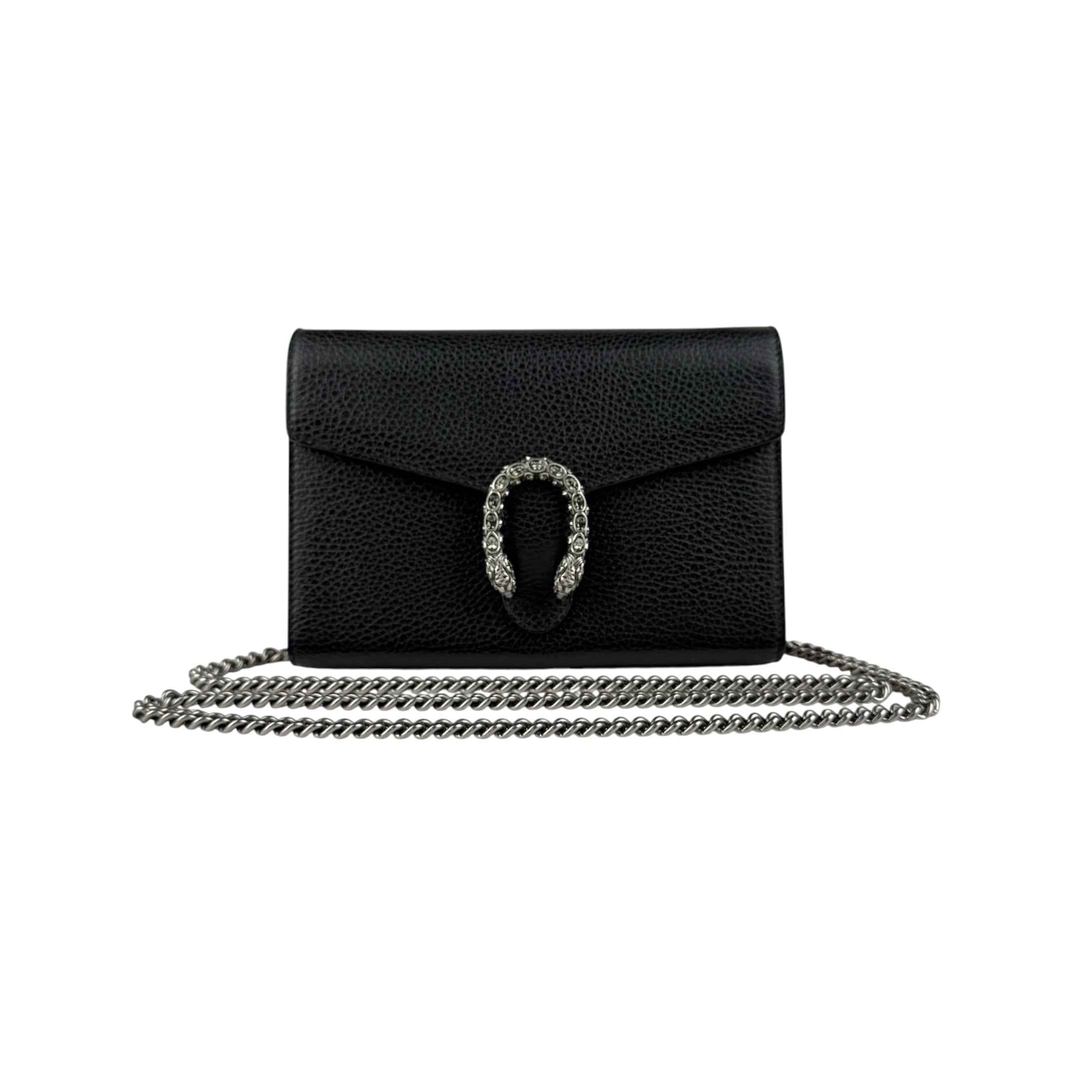 Gucci Black Pebbled Leather Dionysus Mini Wallet on Chain Bag