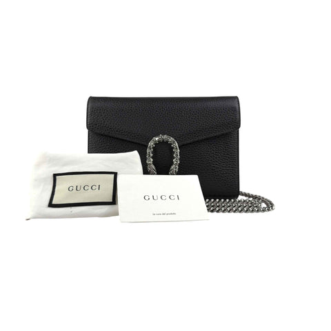 Gucci Black Pebbled Leather Dionysus Mini Wallet on Chain Bag