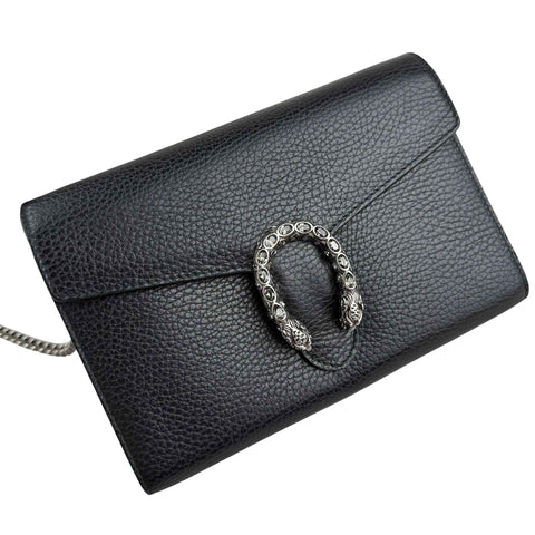 Gucci Black Pebbled Leather Dionysus Mini Wallet on Chain Bag