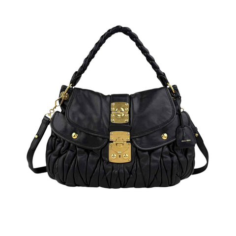 Miu Miu Black Matelasse Lambskin Leather Coffer Hobo Bag