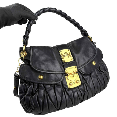 Miu Miu Black Matelasse Lambskin Leather Coffer Hobo Bag