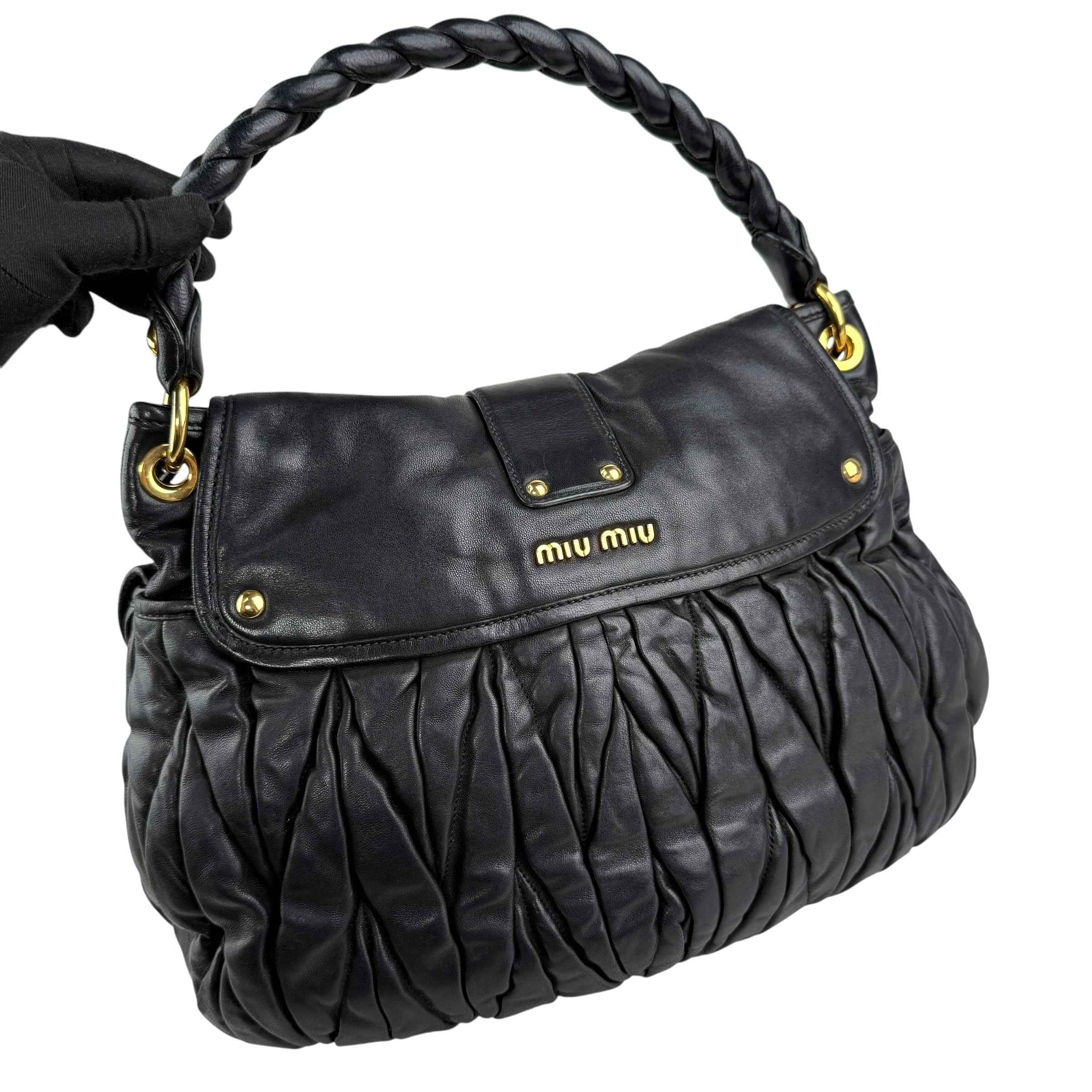 Miu Miu Black Matelasse Lambskin Leather Coffer Hobo Bag