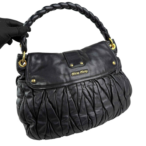 Miu Miu Black Matelasse Lambskin Leather Coffer Hobo Bag