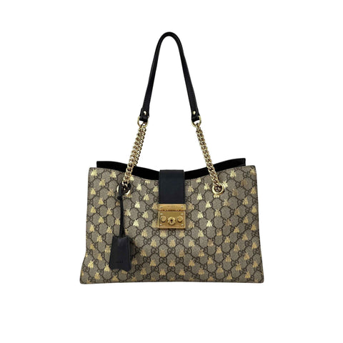 Gucci Beige/Black GG Coated Canvas Supreme Gold Bee Print Small Padlock Shoulder Bag
