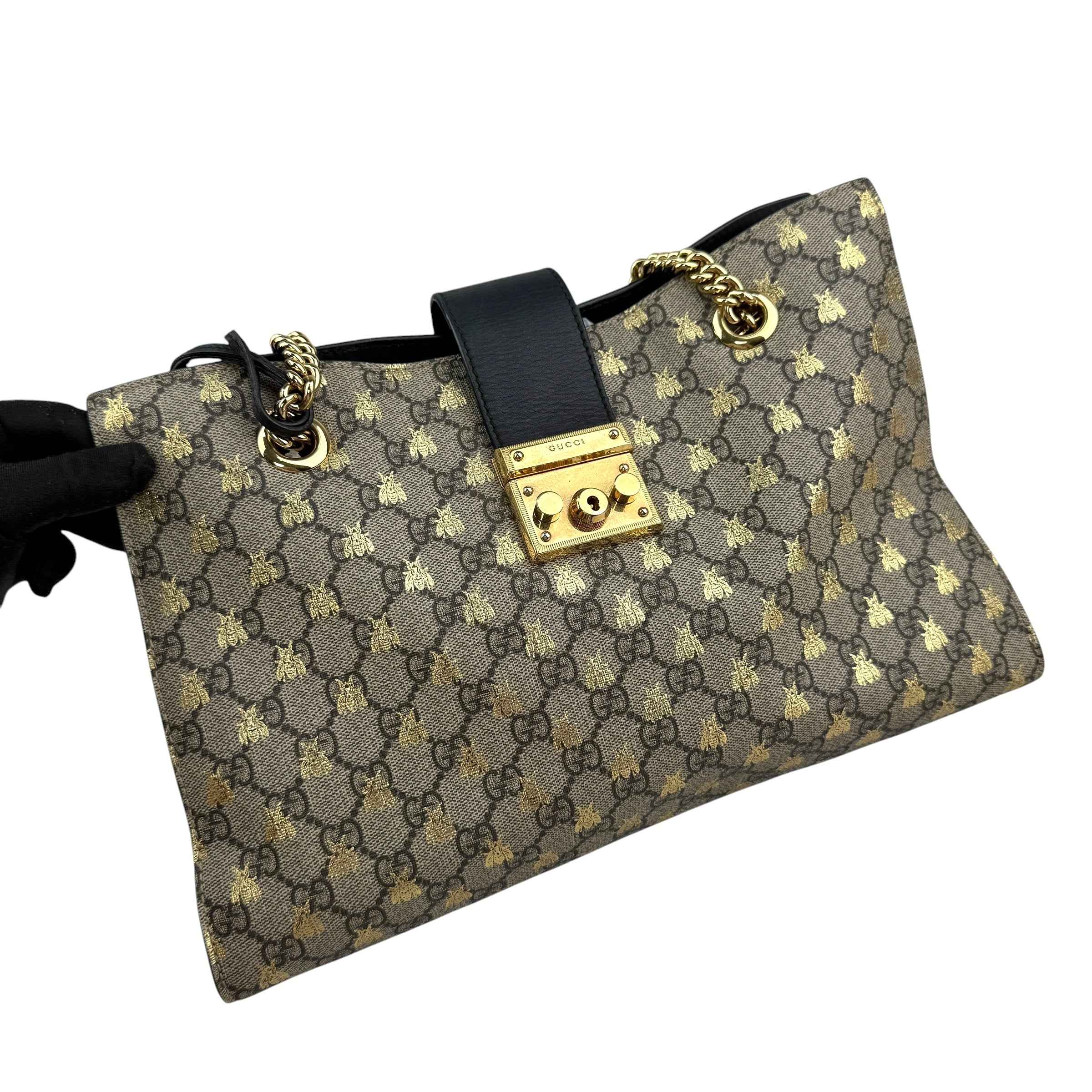 Gucci Beige/Black GG Coated Canvas Supreme Gold Bee Print Small Padlock Shoulder Bag