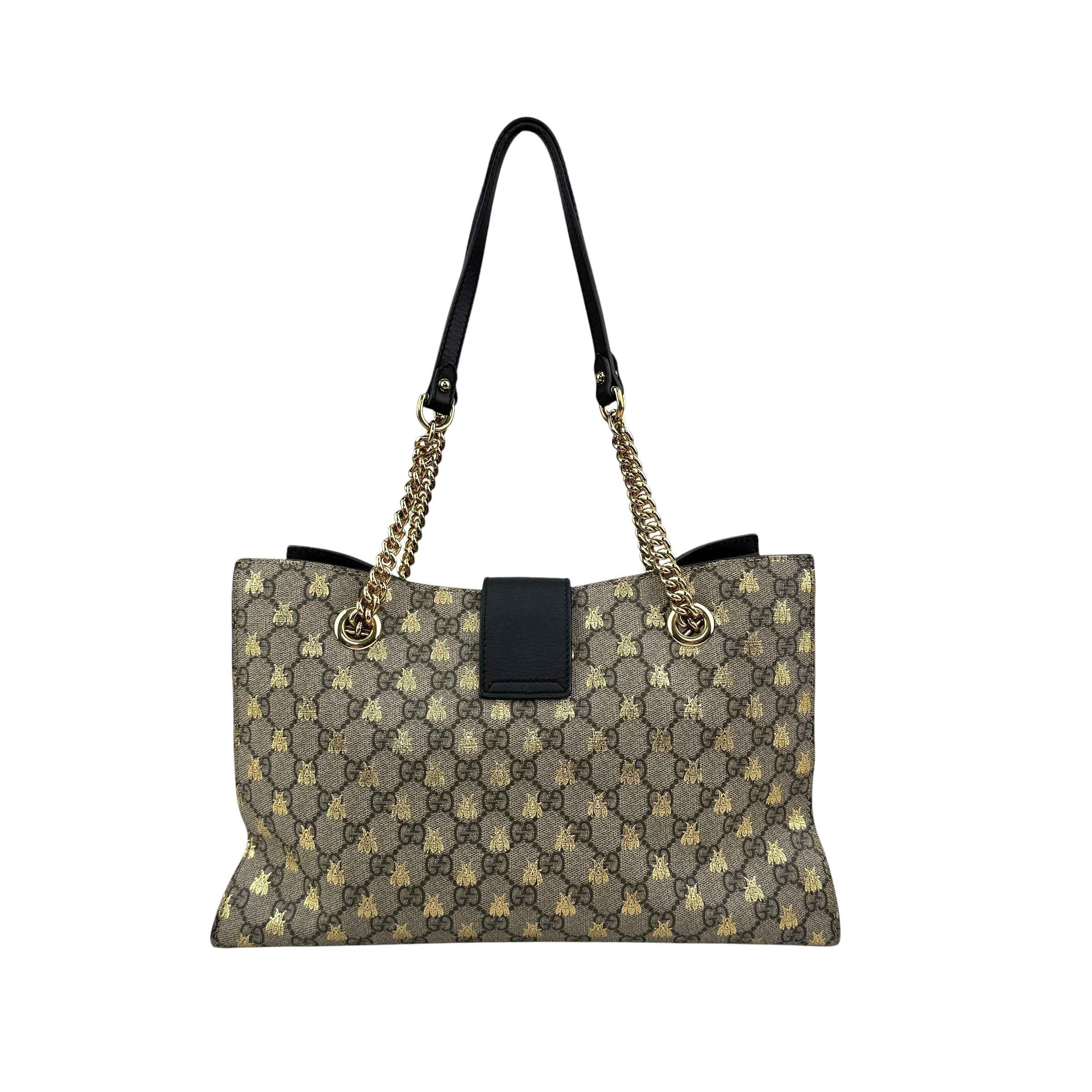 Gucci Beige/Black GG Coated Canvas Supreme Gold Bee Print Small Padlock Shoulder Bag