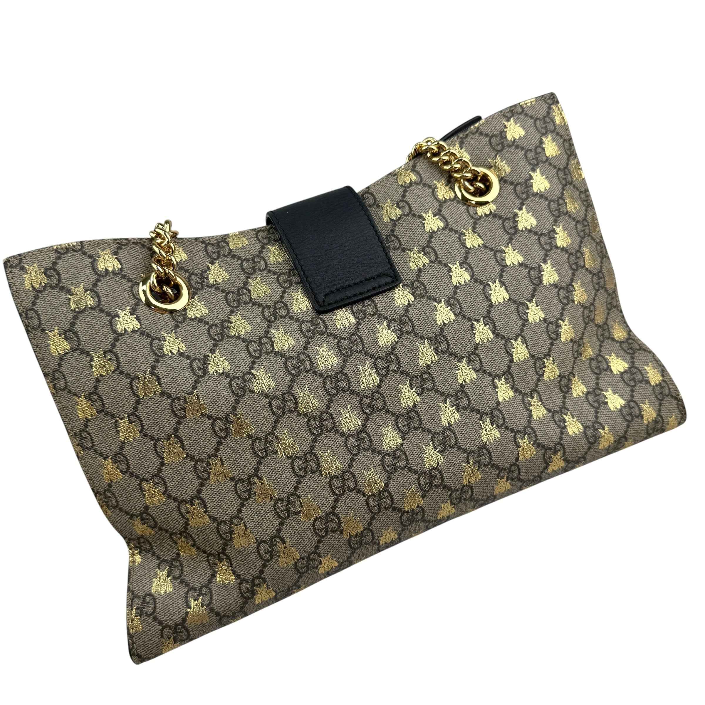 Gucci Beige/Black GG Coated Canvas Supreme Gold Bee Print Small Padlock Shoulder Bag