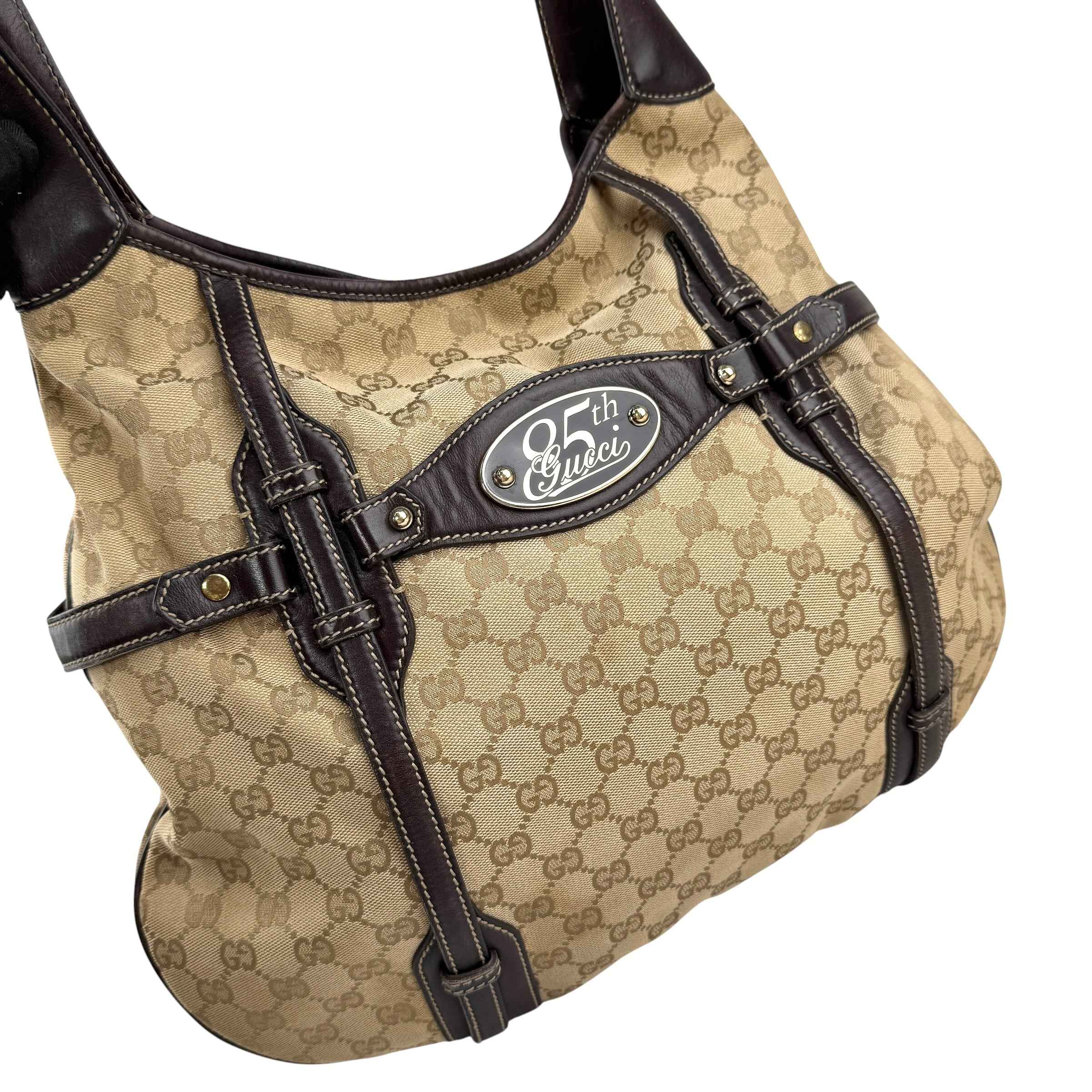 Gucci Beige/Ebony GG Fabric 85th Anniversary Bridle Bit Hobo Bag