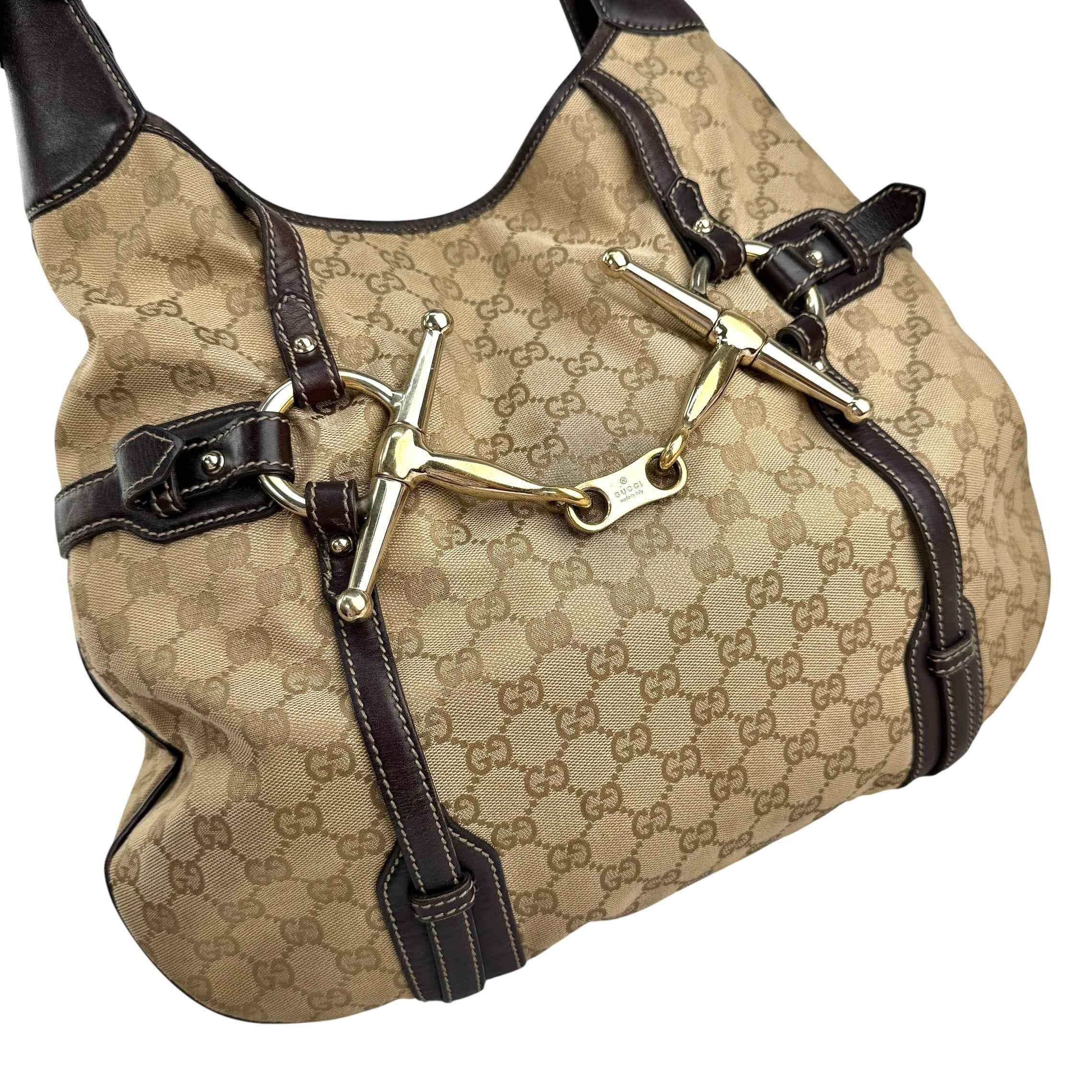Gucci Beige/Ebony GG Fabric 85th Anniversary Bridle Bit Hobo Bag