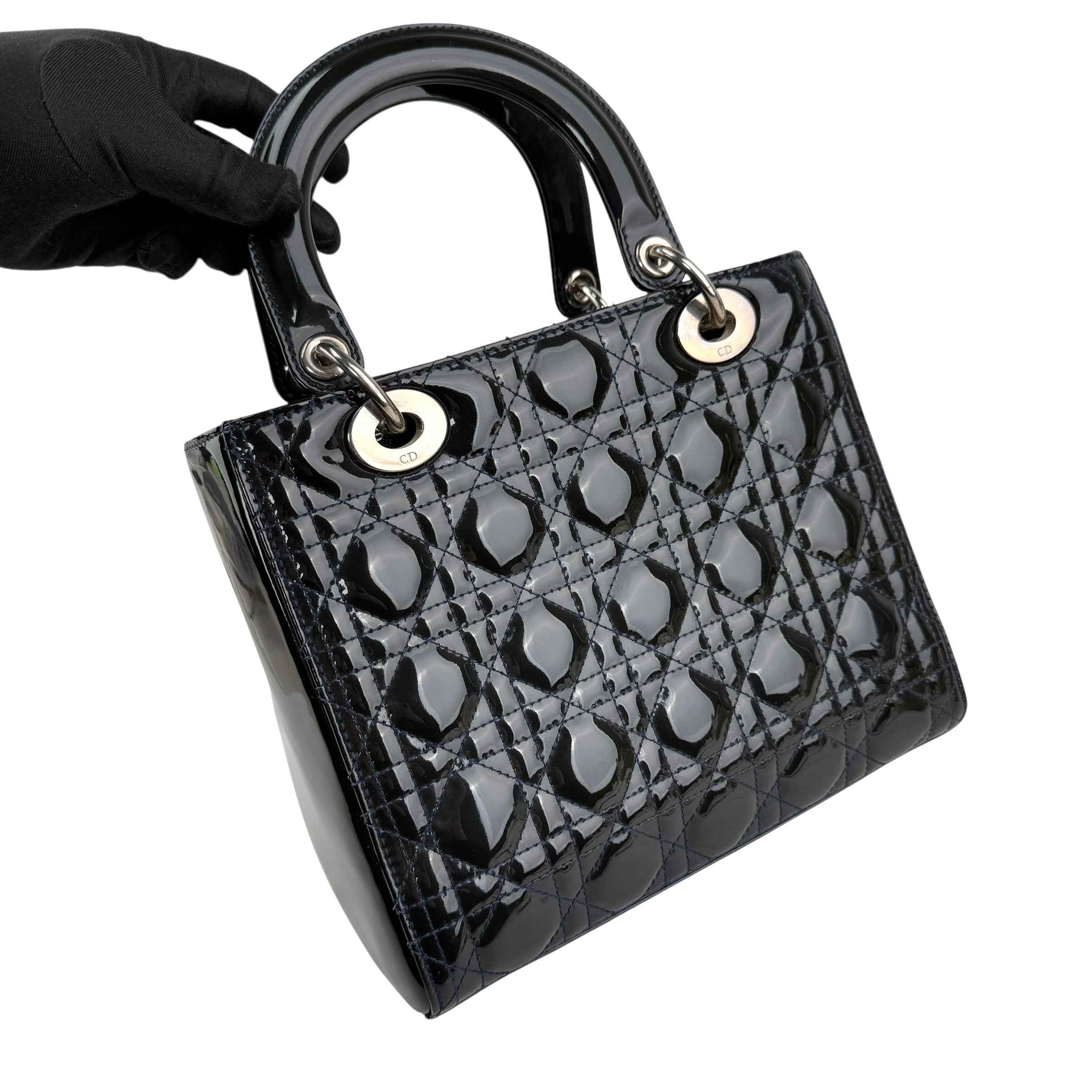 Dior Black Cannage Quilted Patent Leather Lady Dior Bag
