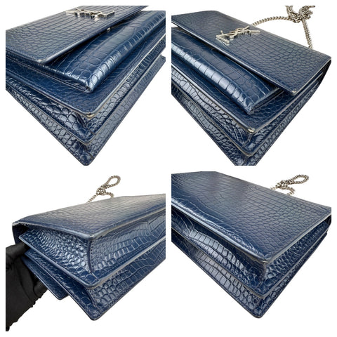 Saint Laurent Blue Crocodile Embossed Leather Sunset Wallet on Chain Bag