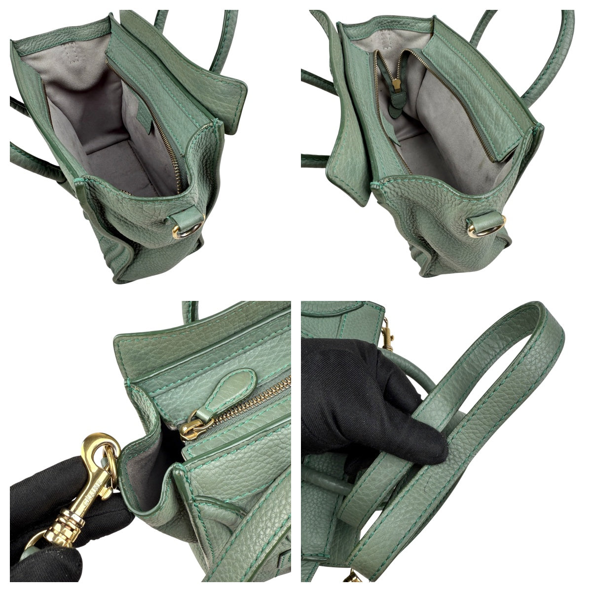 Pre-owned celine-nano-luggage-crossbody-bag-pebble-green-front-view