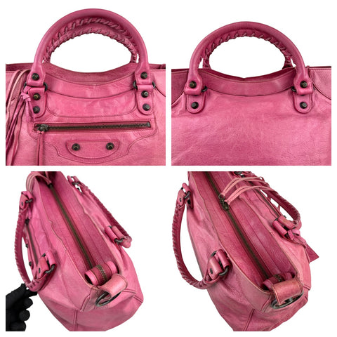 Balenciaga City Leather Shoulder Bag Pink Woven Handle with Mirror