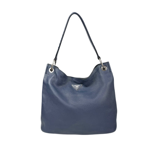 Prada Pebble Leather Hobo Bag Navy