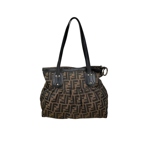 Fendi Brown Pattern Ring Pleat Tote Zucca Canvas Shoulder Bag Medium