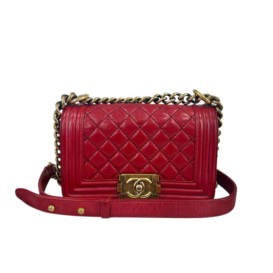 Chanel Red Leather Quilted Medium Boy Bag Flap w/ Gold Chain