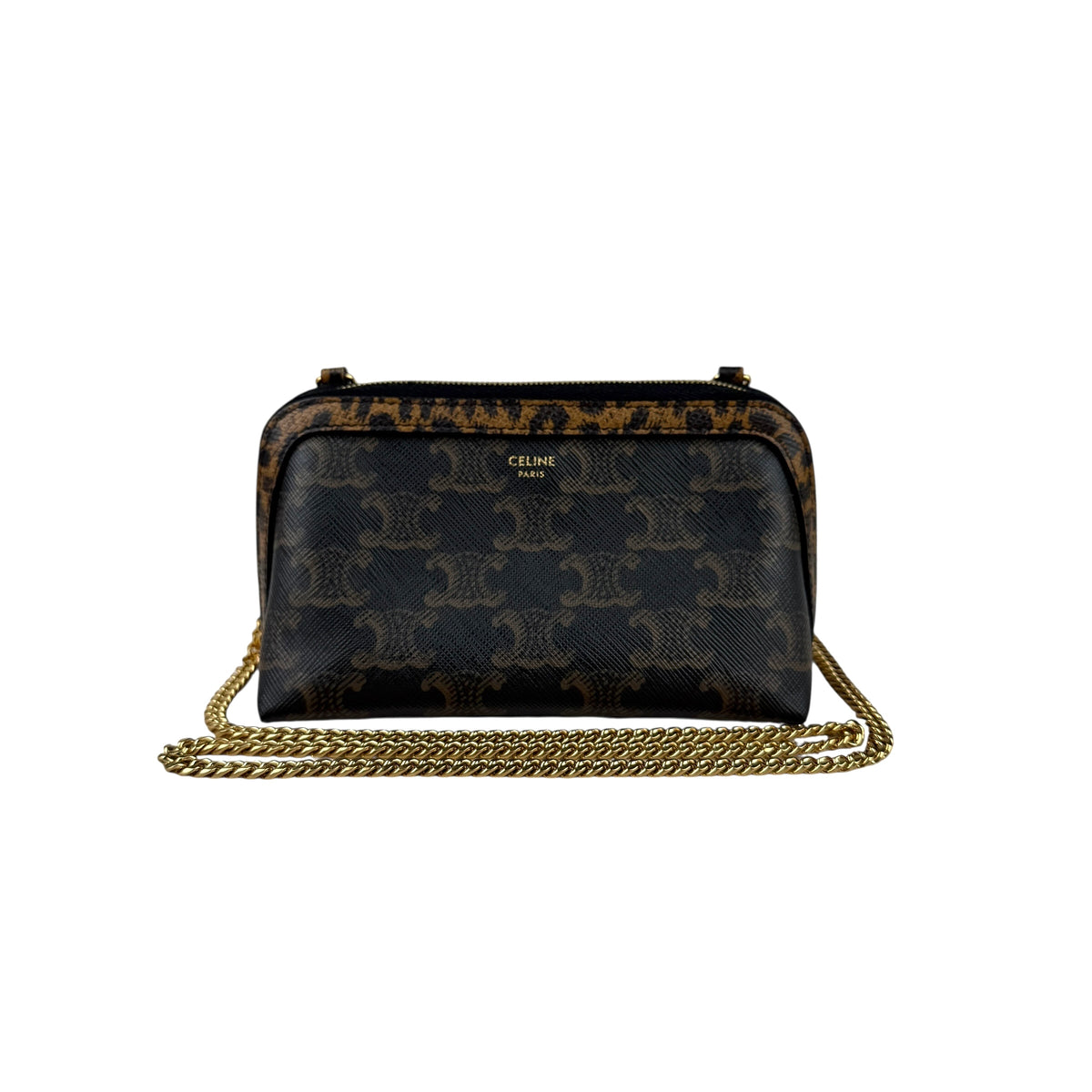 Celine Triomphe Canvas Calfskin Leopard Print Mini Clutch on Chain Black Tan